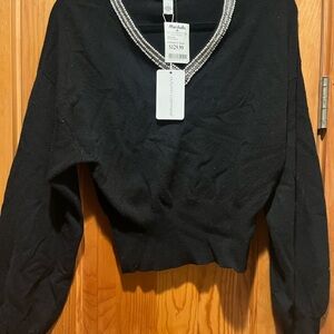 Black Cashmere Sweater with Pearl Collar
